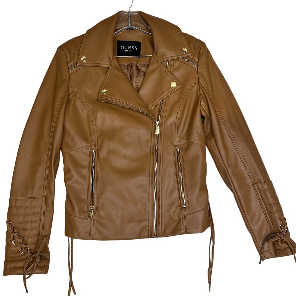 GUESS Moto Faux Leather Jacket Tan Brown Gold‎ Hardware Women's S